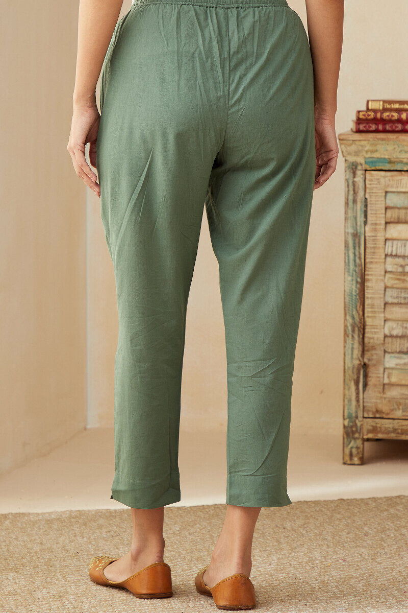 Green Handcrafted Cotton Narrow Pants