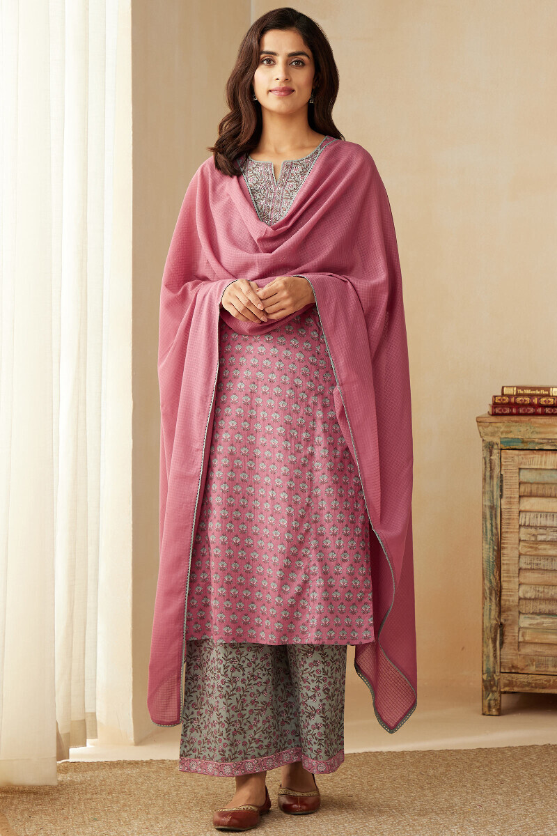 Pink Hand Printed Straight Cotton Kurta