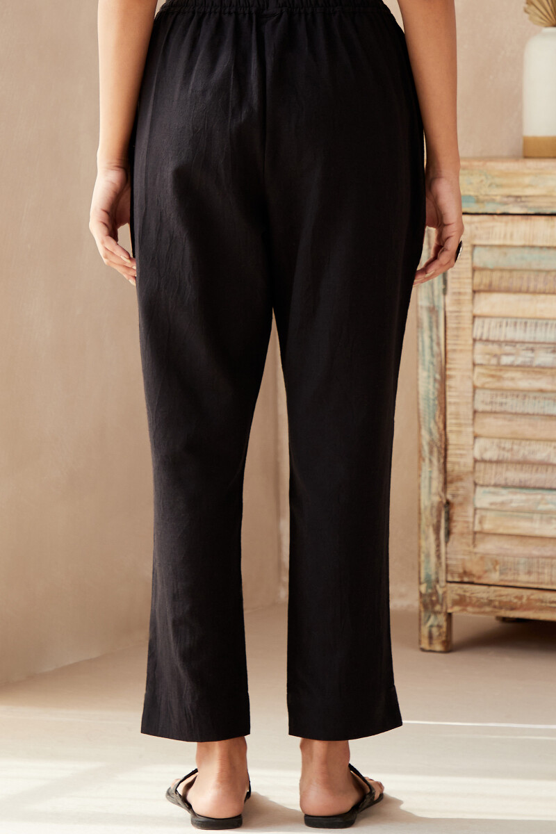 Black Handcrafted Cotton Flax Narrow Pants