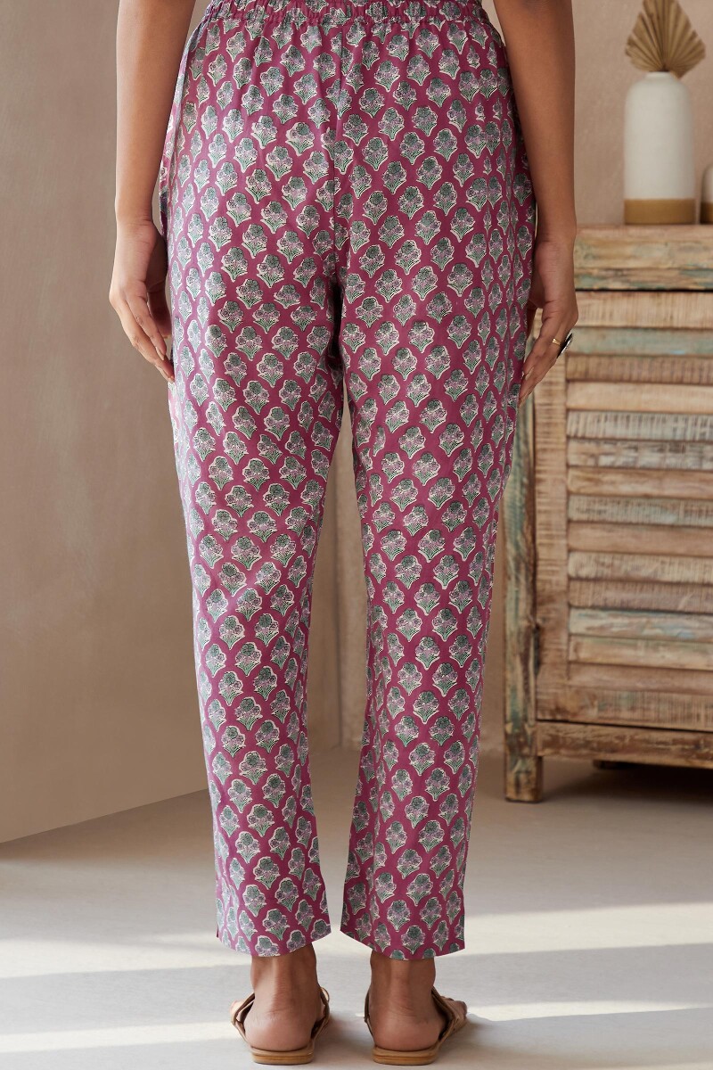 Pink Hand Block-Printed Viscose Narrow Pants