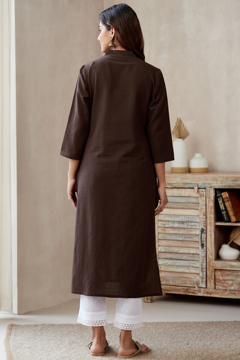 Brown Hand Block-Printed Straight Cotton Linen Kurta