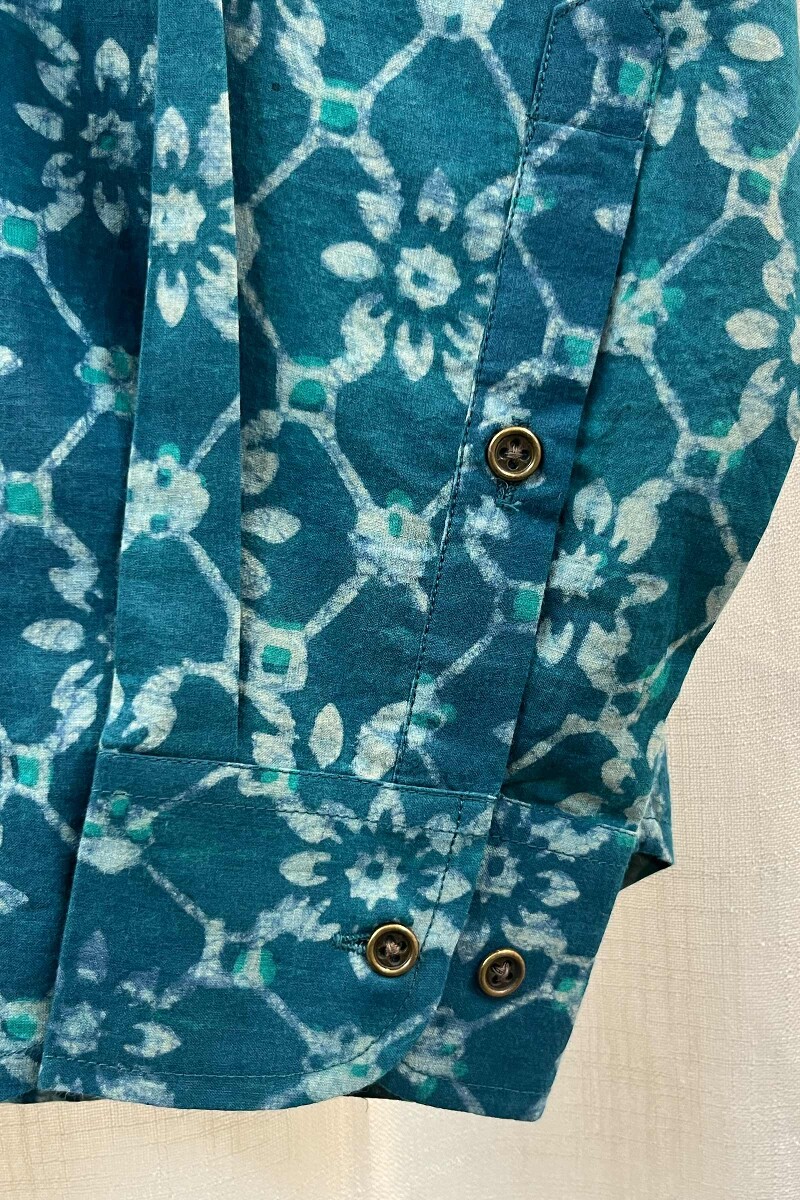 FG Specials: 1 Of 1- Men's Teal Hand Block-Printed Cotton Shirt