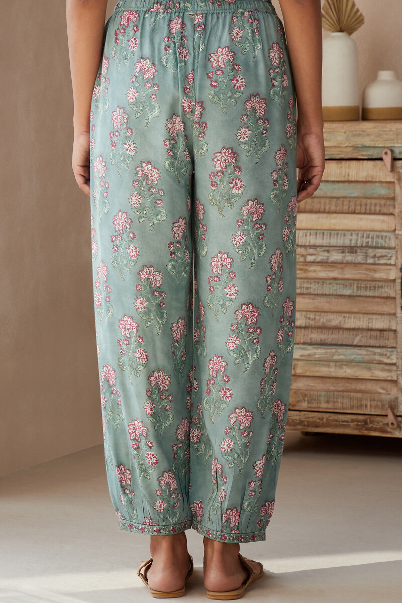 Green Hand Block-Printed Viscose Izhaar Pants