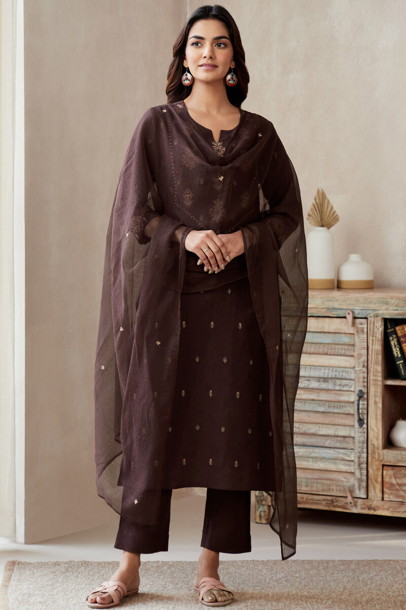 Brown Handcrafted Straight Cotton Linen Kurta