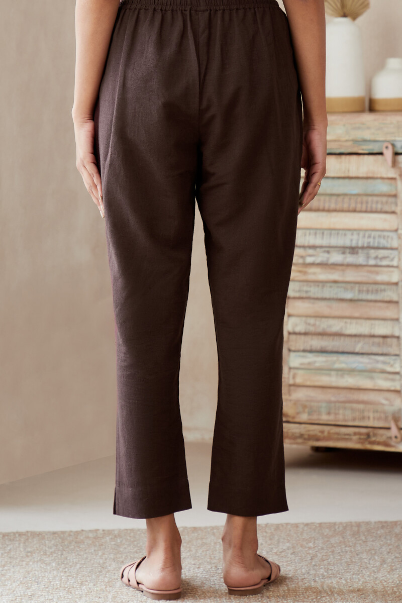 Brown Handcrafted Cotton Linen Narrow Pants