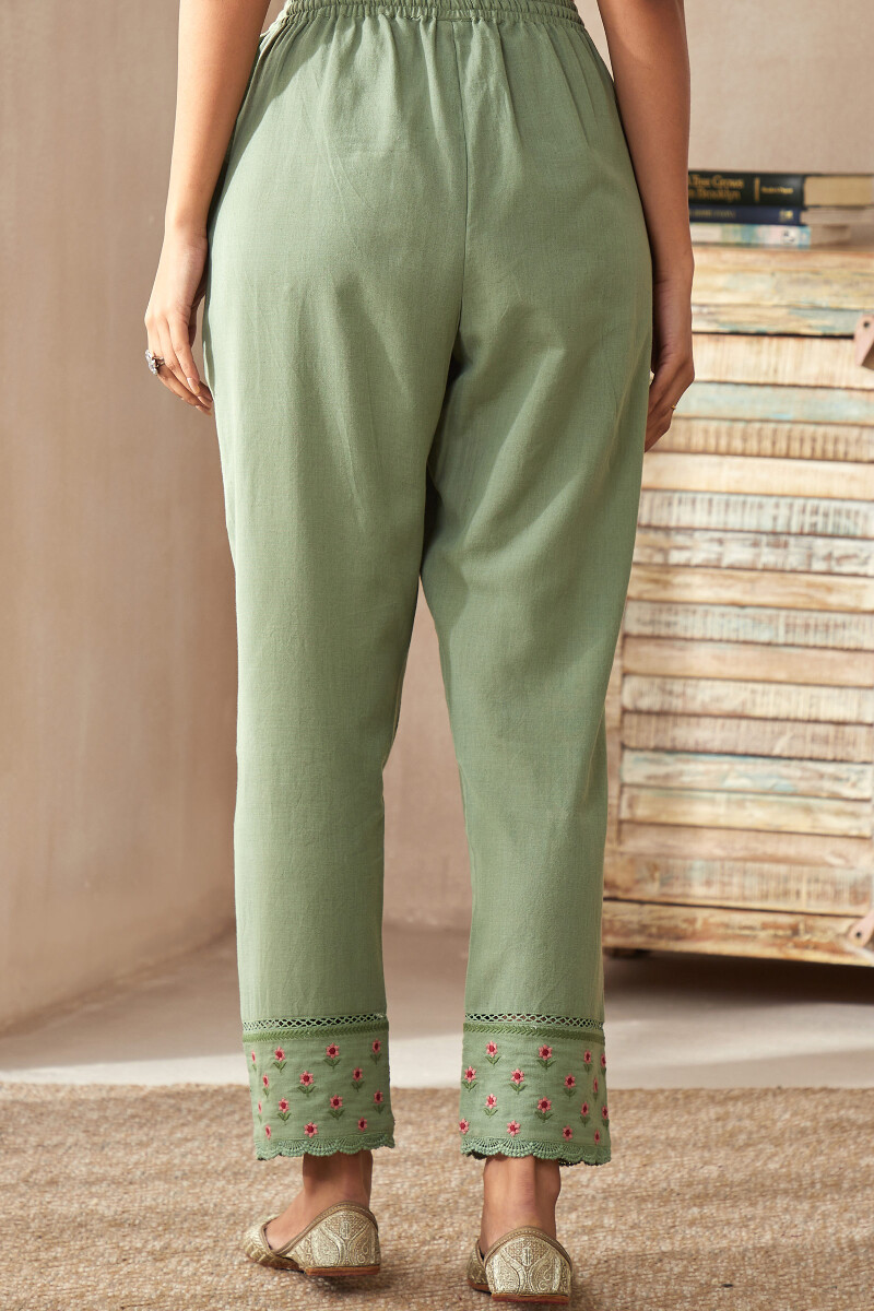 Green Handcrafted Cotton Narrow Pants