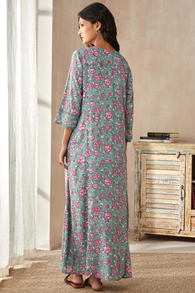 Green Hand Block-Printed Viscose Kaftan