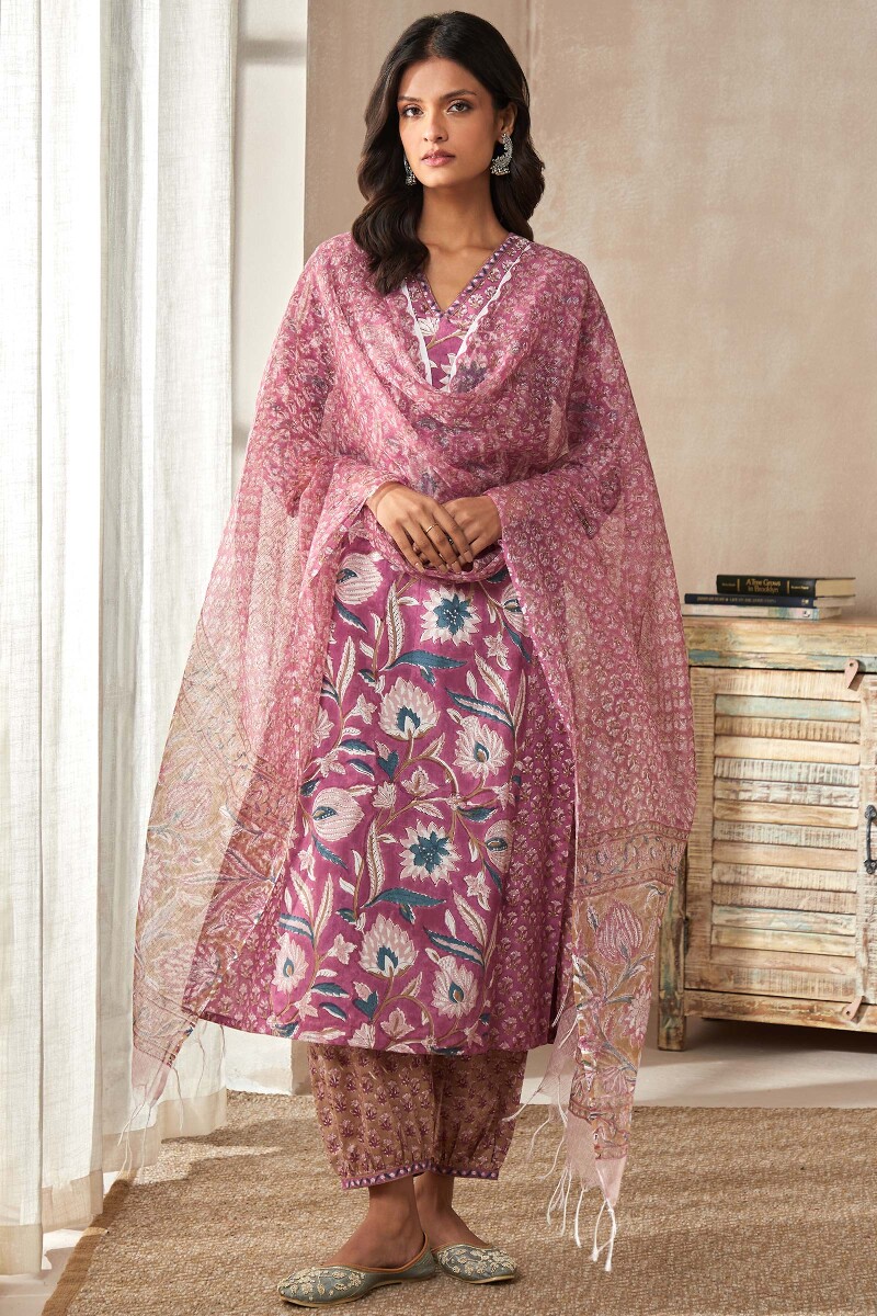 Purple Hand Block-Printed Straight Cotton Kurta