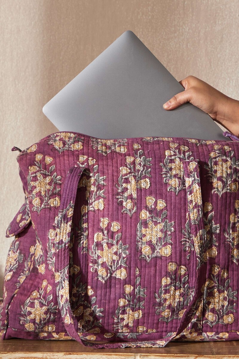 Purple Hand Block-Printed Cotton Slub Duffel Bag