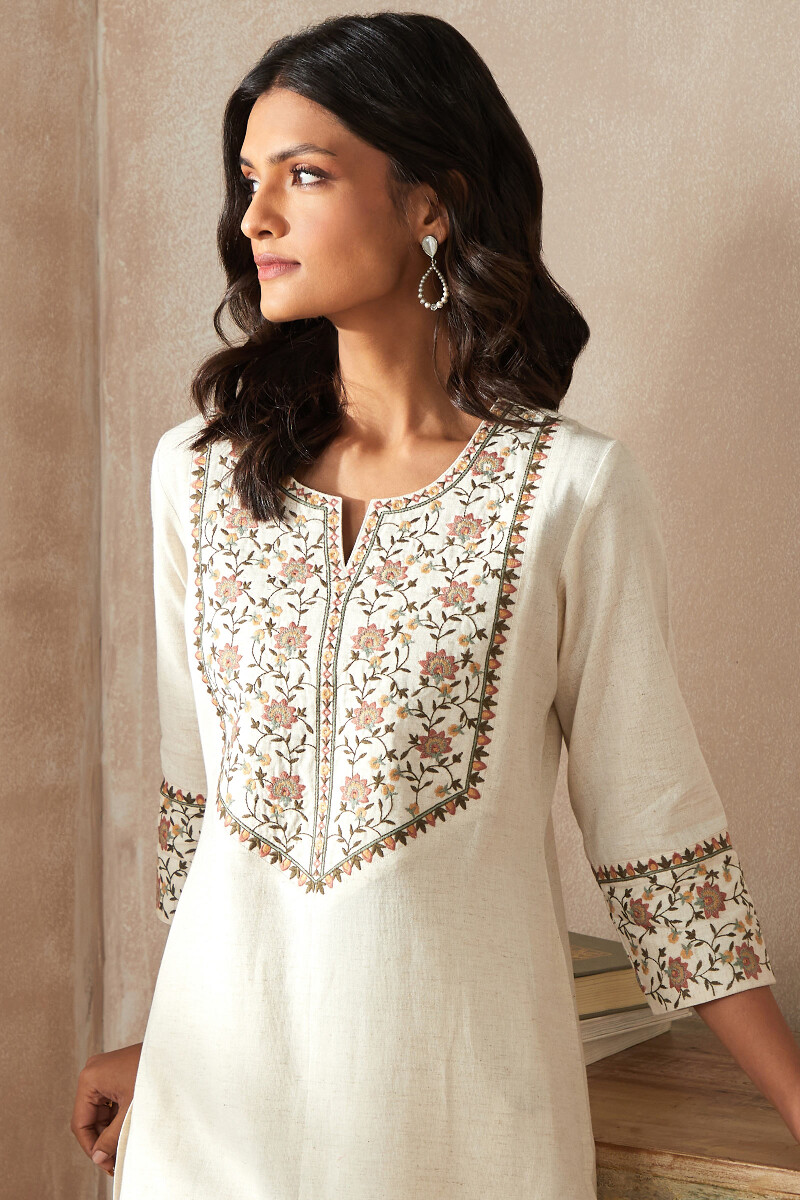 Off-White Handcrafted Straight Cotton Flax Kurta