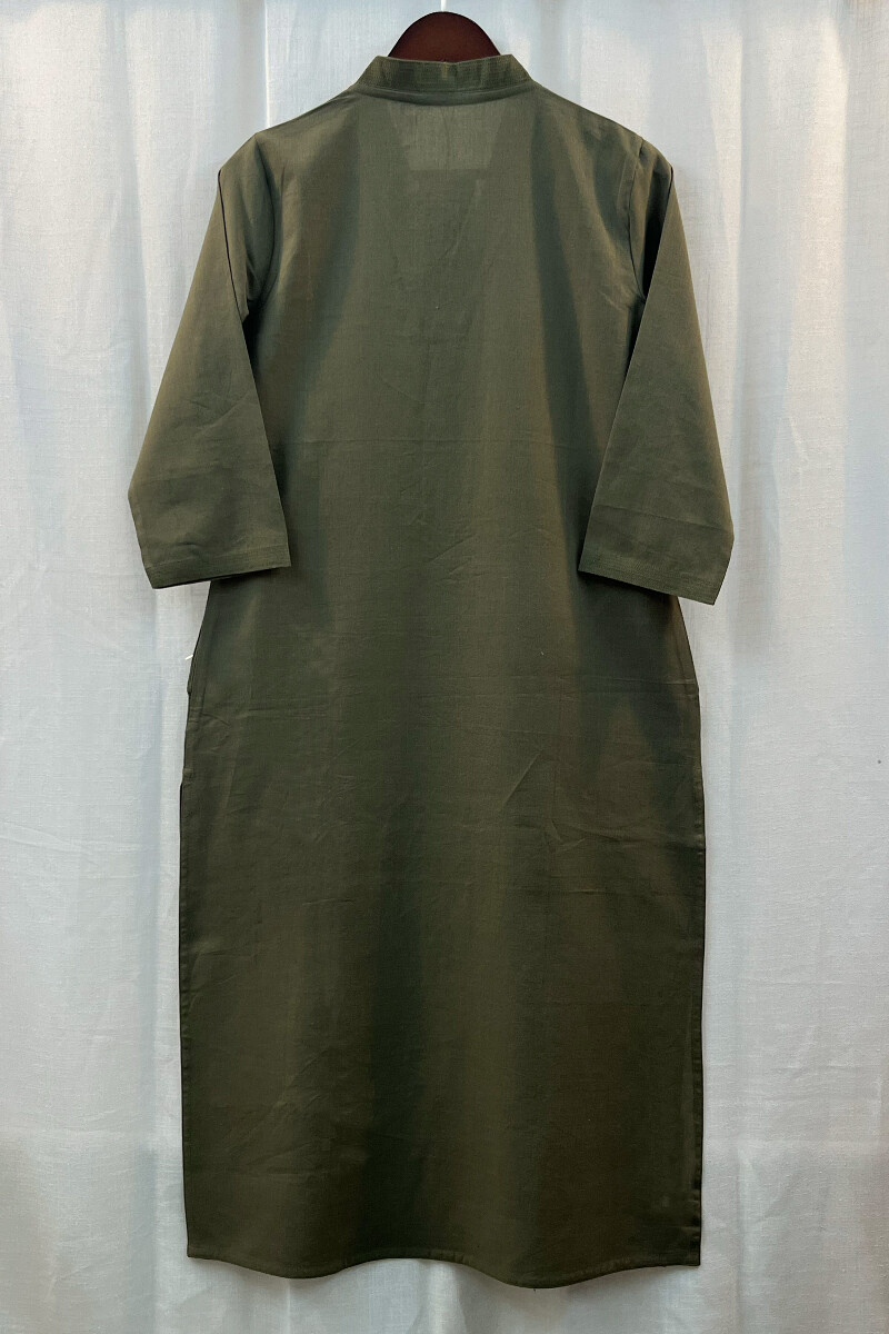 Olive Green Handcrafted Straight Handloom Cotton Kurta