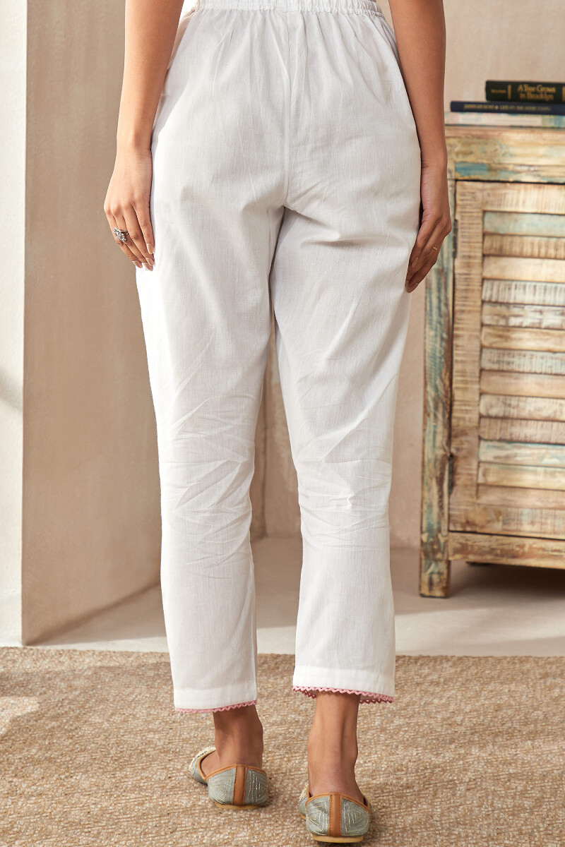 White Handcrafted Cotton Narrow Pants