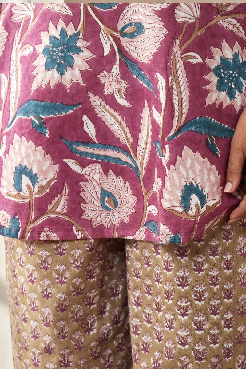 Purple Hand Block-Printed Cotton Loungewear Set