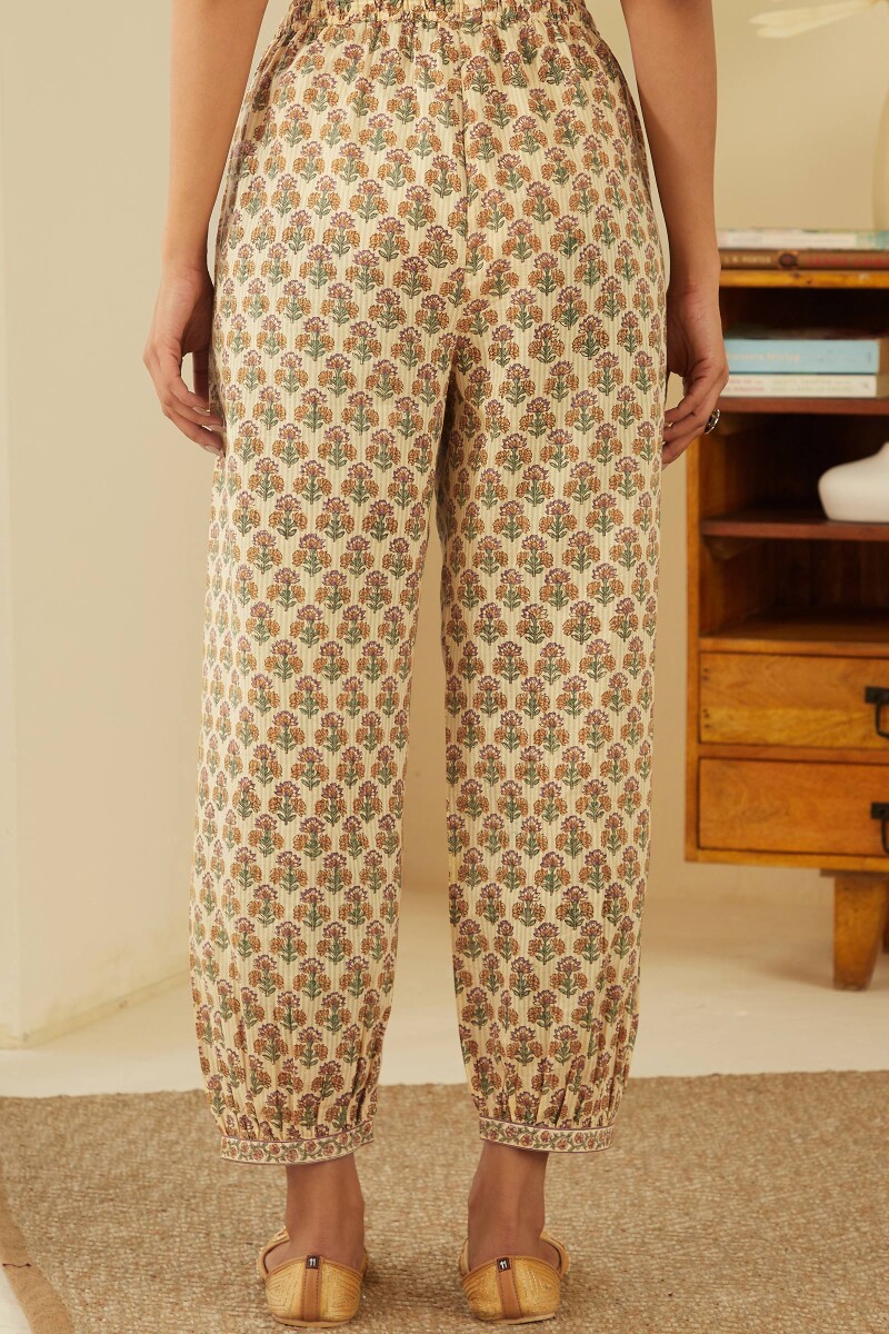 Beige Hand Block-Printed Cotton Dobby Izhaar Pants