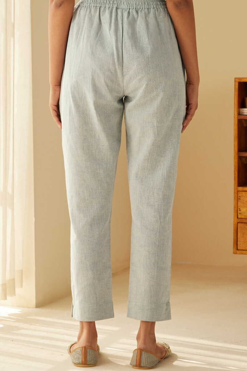 Blue Handcrafted Cotton Flax Narrow Pants