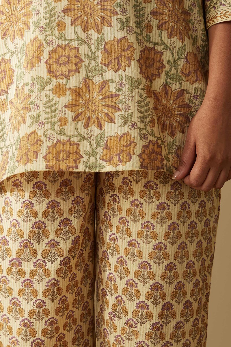 Beige Hand Block-Printed Cotton Dobby Loungewear Set