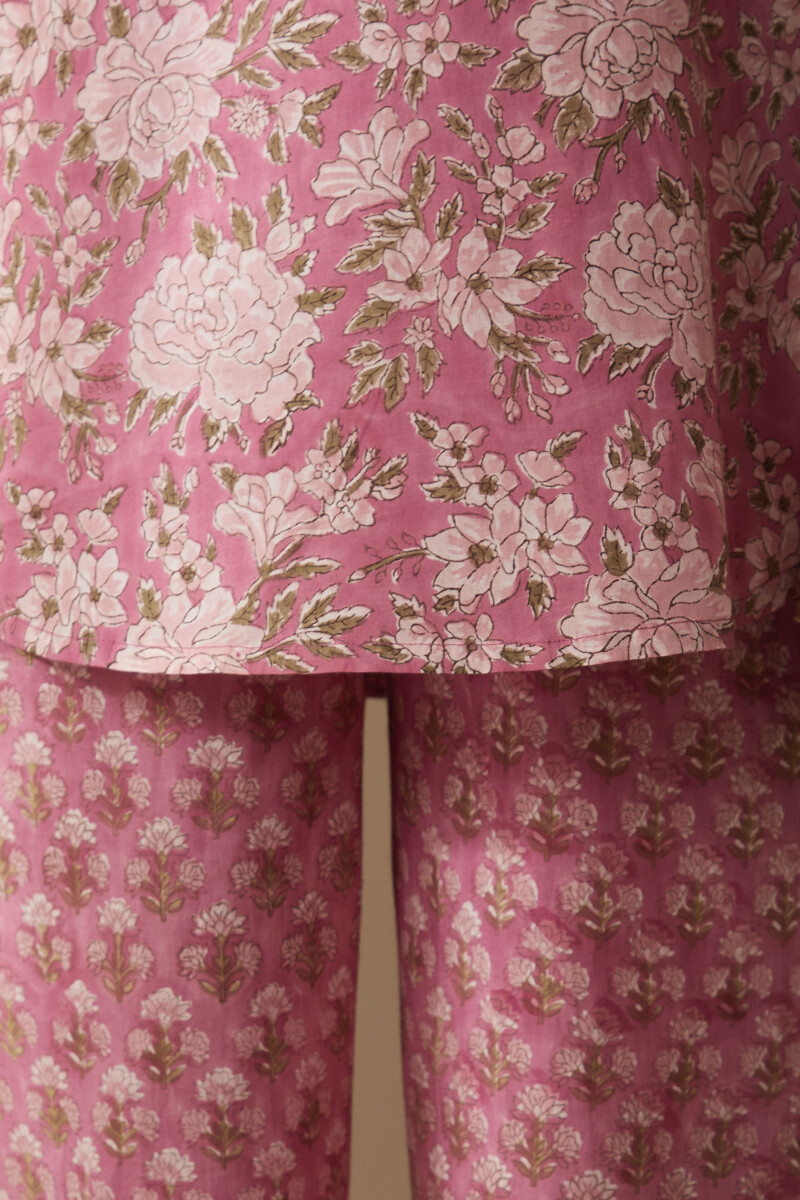 Pink Hand Block-Printed Cotton Loungewear Set