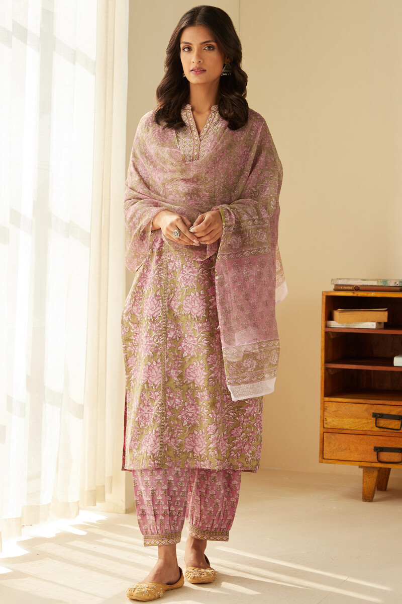 Green Hand Block-Printed Straight Cotton Kurta
