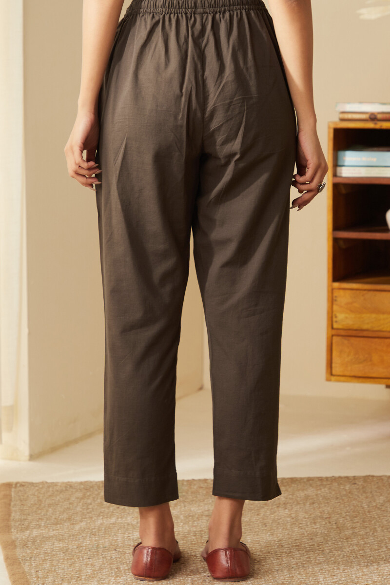 Brown Handcrafted Cotton Slub Narrow Pants