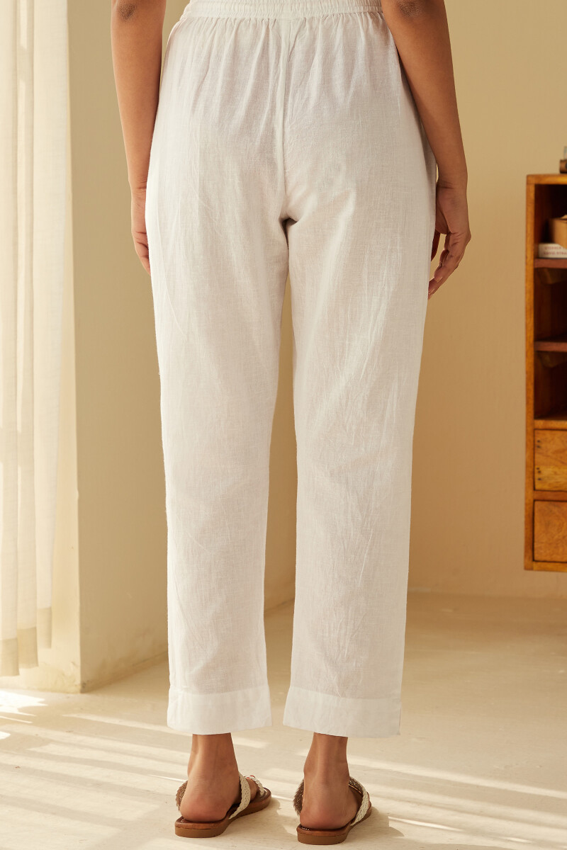 White Handcrafted Cotton Linen Narrow Pants