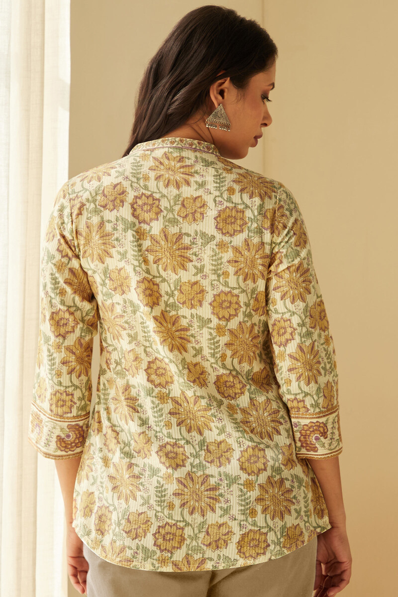 Beige Hand Block-Printed Cotton Dobby Top