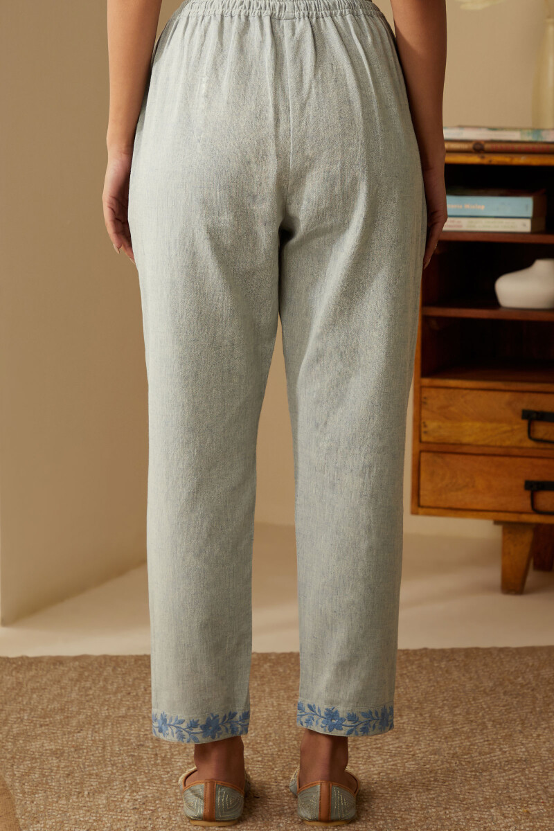 Blue Handcrafted Cotton Flax Narrow Pants