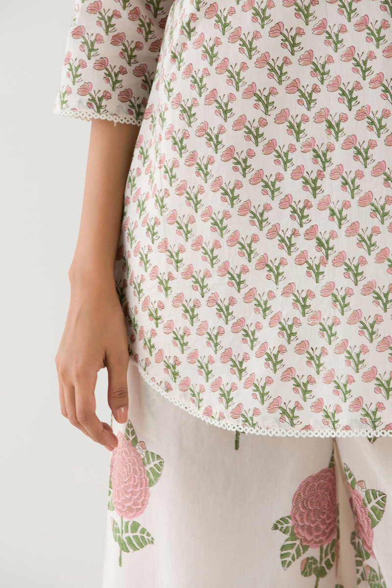 White Hand Block-Printed Cotton Loungewear Set