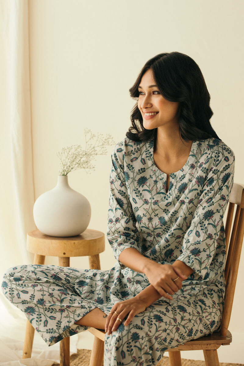 White Hand Block-Printed Cotton Loungewear Set
