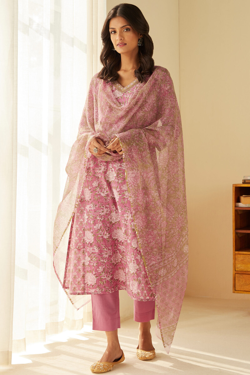Pink Hand Block-Printed Straight Cotton Kurta