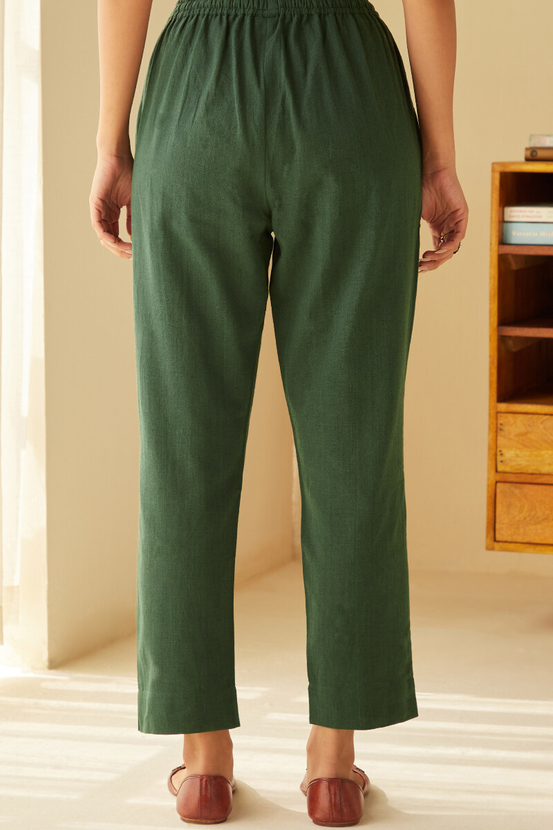 Forest Green Handcrafted Cotton Flax Narrow Pants