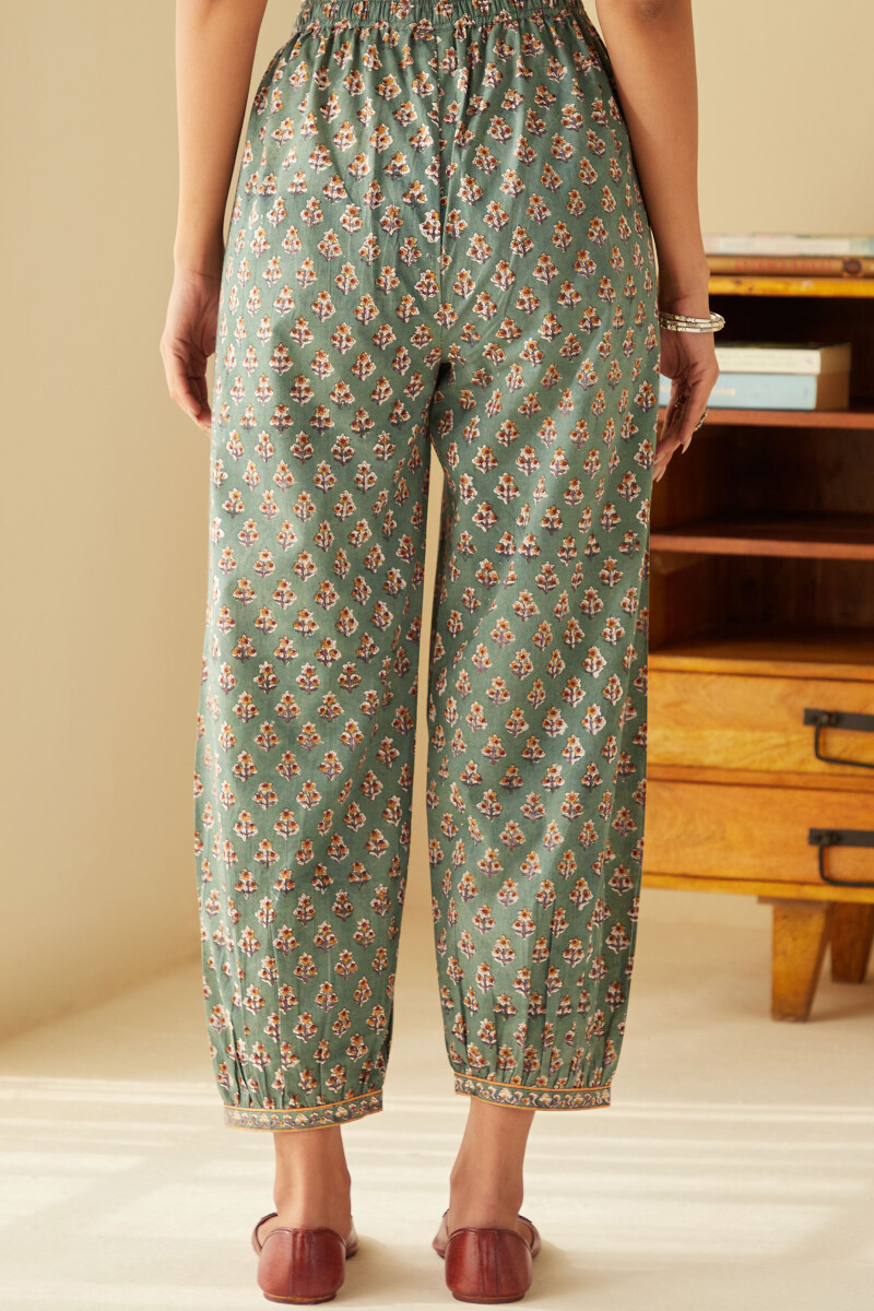 Green Hand Block-Printed Cotton Izhaar Pants