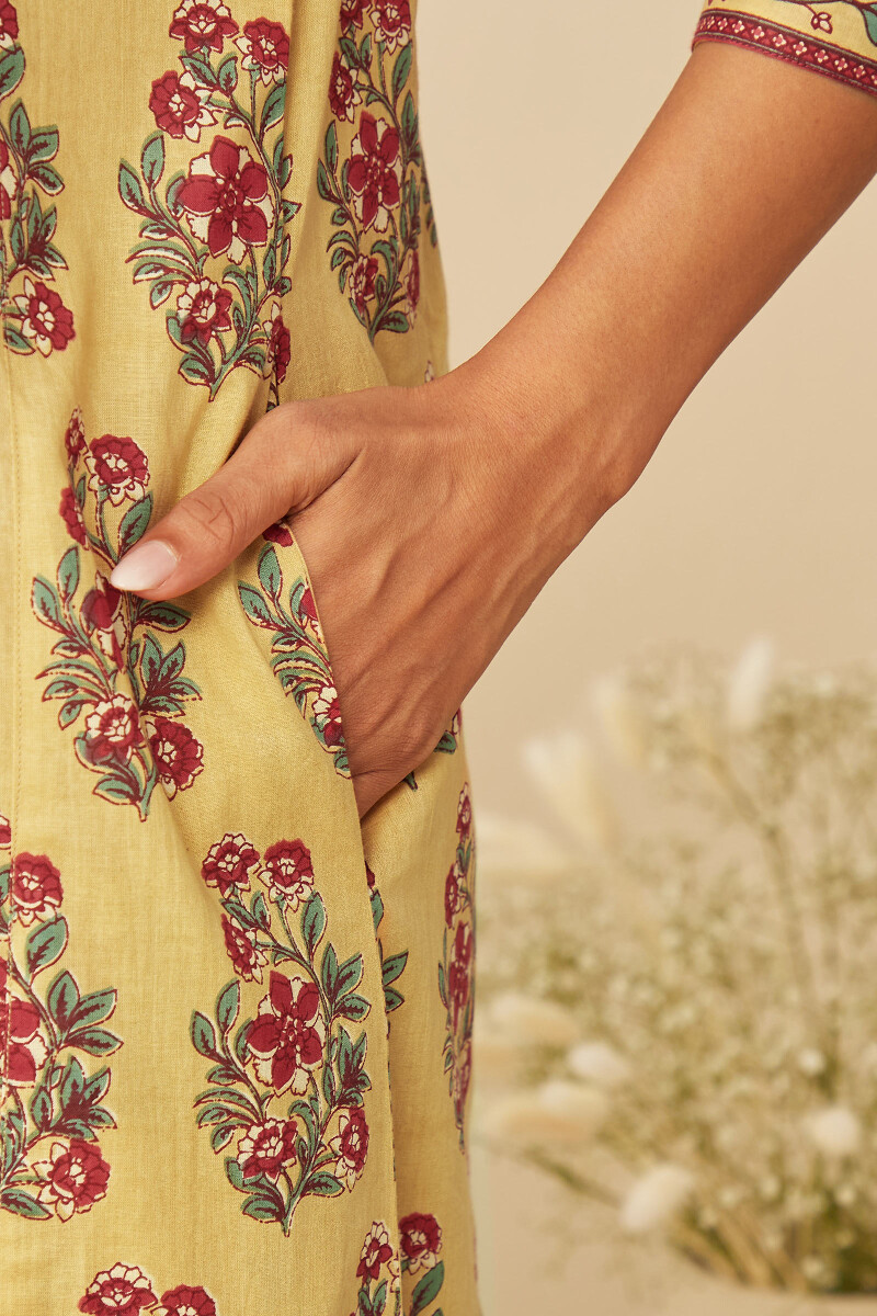 Yellow Hand-Printed Cotton Kaftan