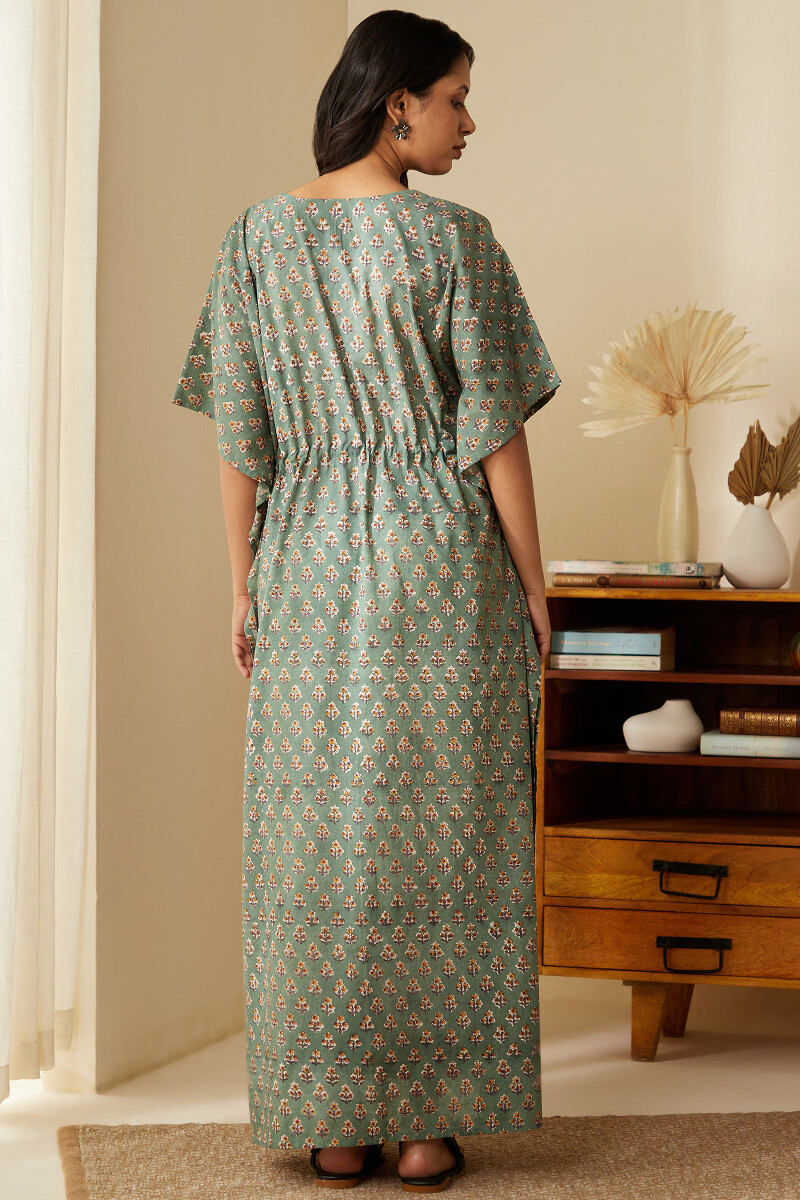 Green Hand Block-Printed Cotton Kaftan