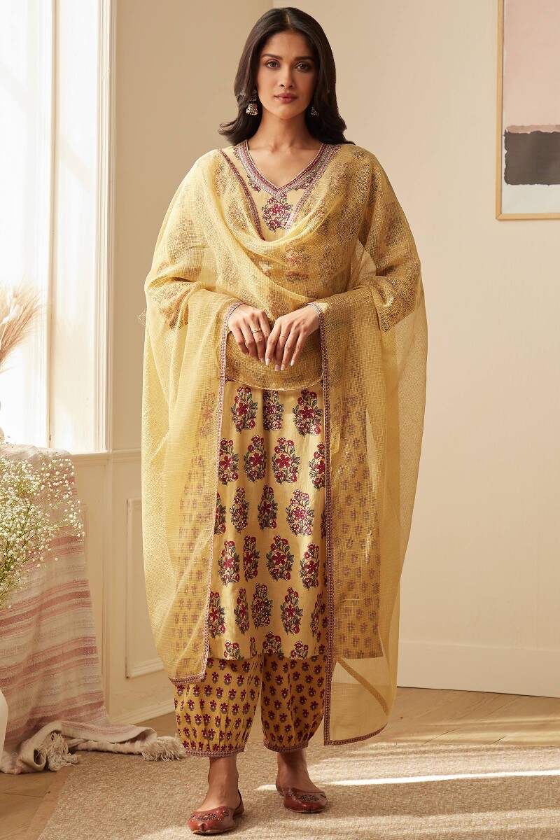 Yellow Hand-Printed Straight Cotton Kurta