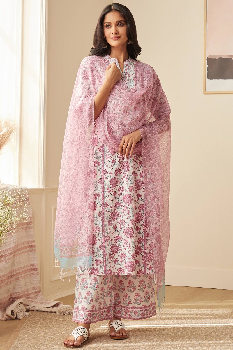 White Hand Block-Printed Straight Cotton Kurta