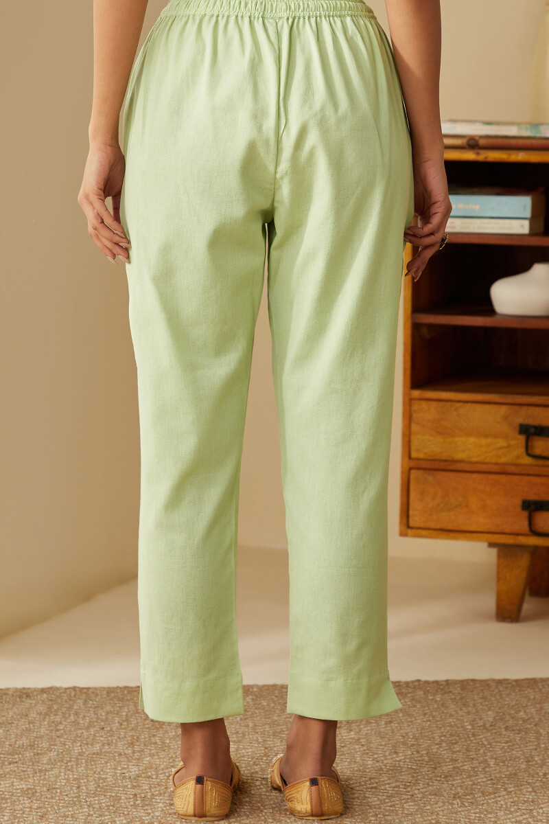 Green Handcrafted Straight Cotton Flax Narrow Pants