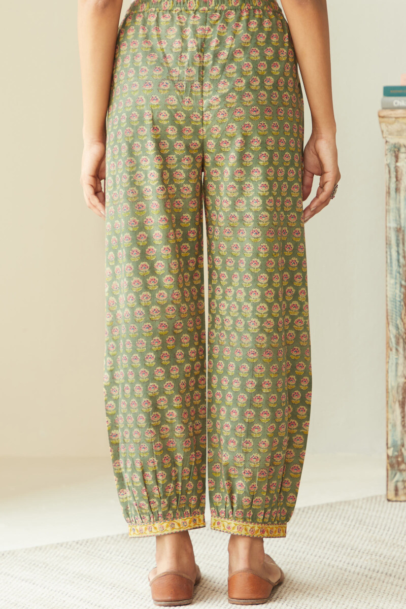 Olive Green Hand Block-Printed Cotton Izhaar Pants