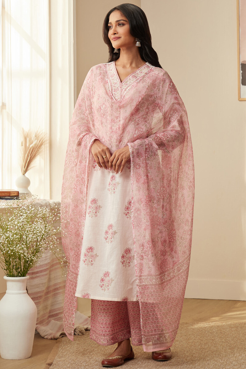 Pink Hand Block-Printed Straight Cotton Slub Kurta