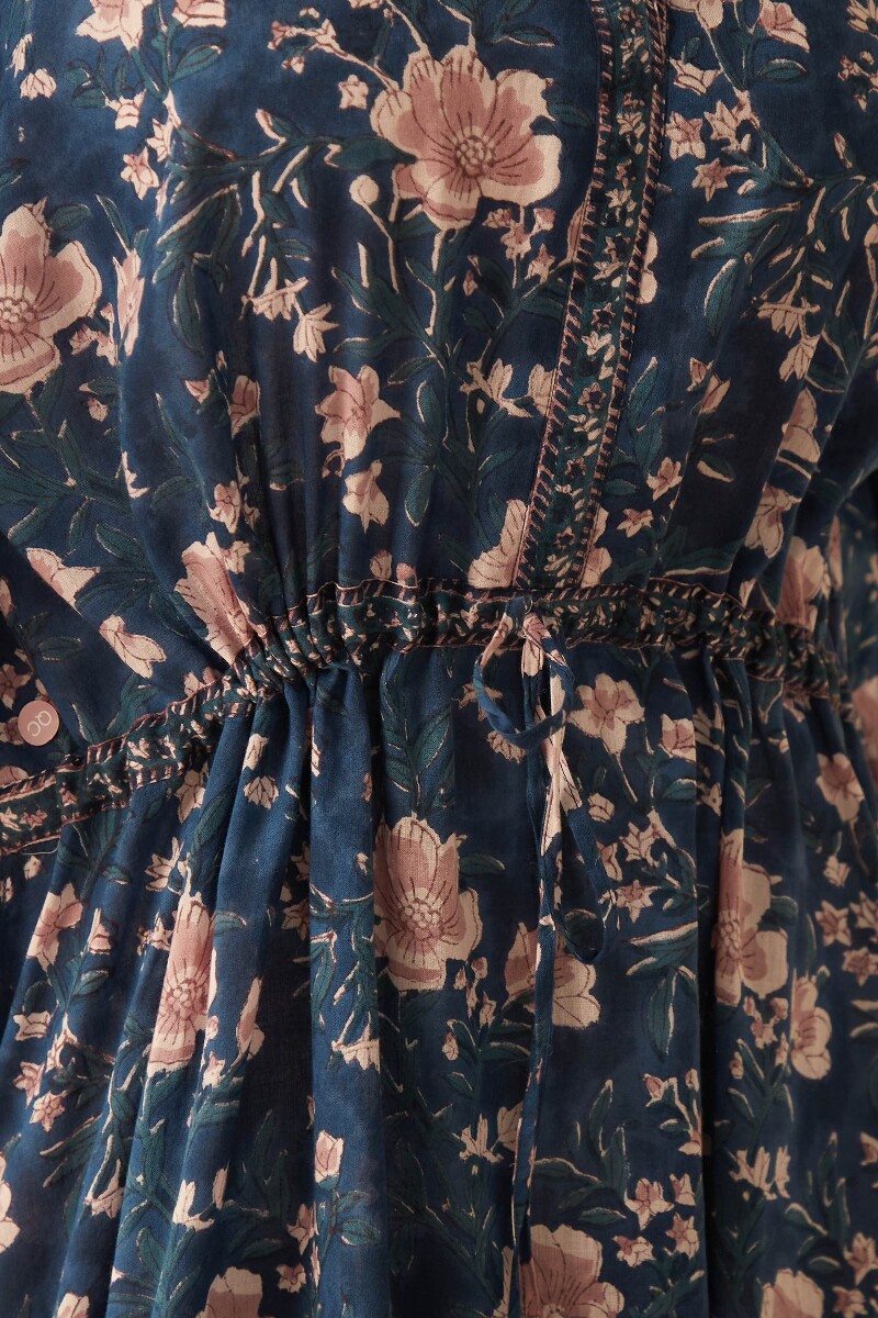 Blue Hand Block-Printed Cotton Mul Kaftan