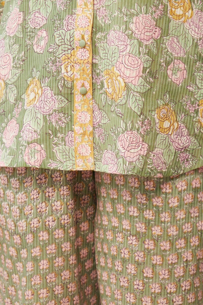 Green Hand Block-Printed Cotton Dobby Loungewear Set