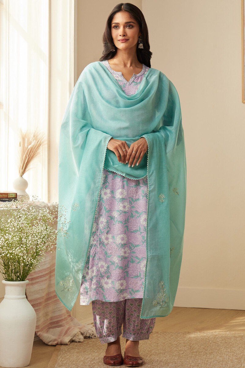 Purple Hand Block-Printed Straight Viscose Kurta