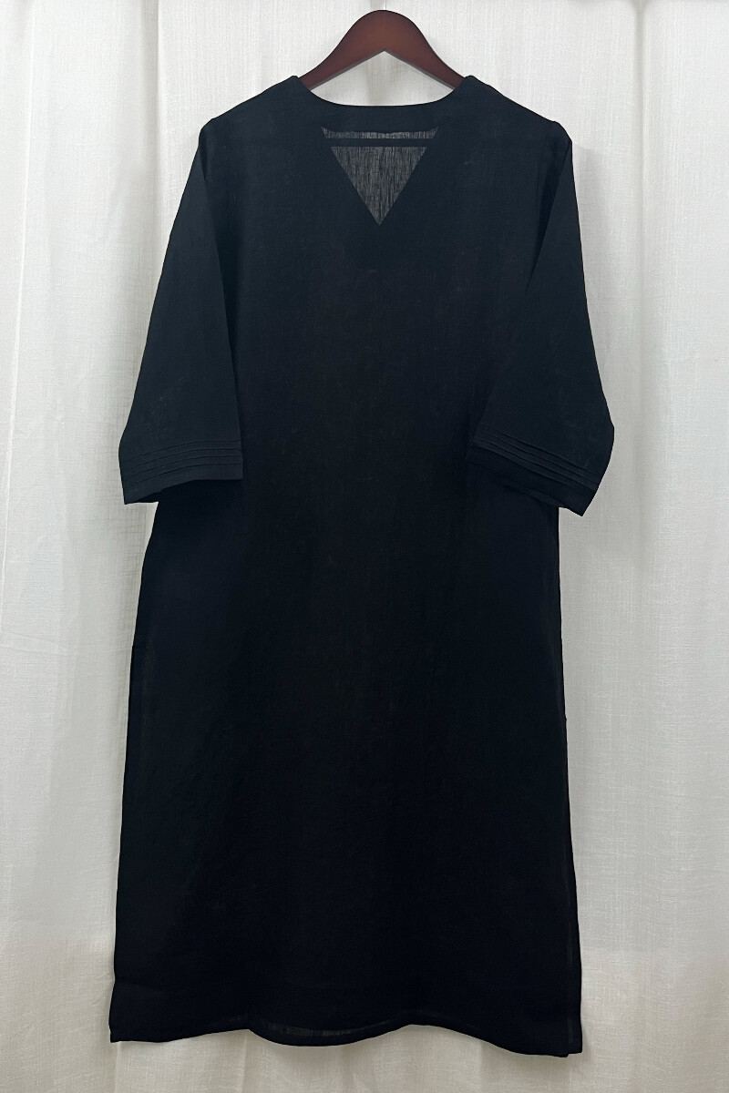 Black Handcrafted Straight Pure Linen Kurta