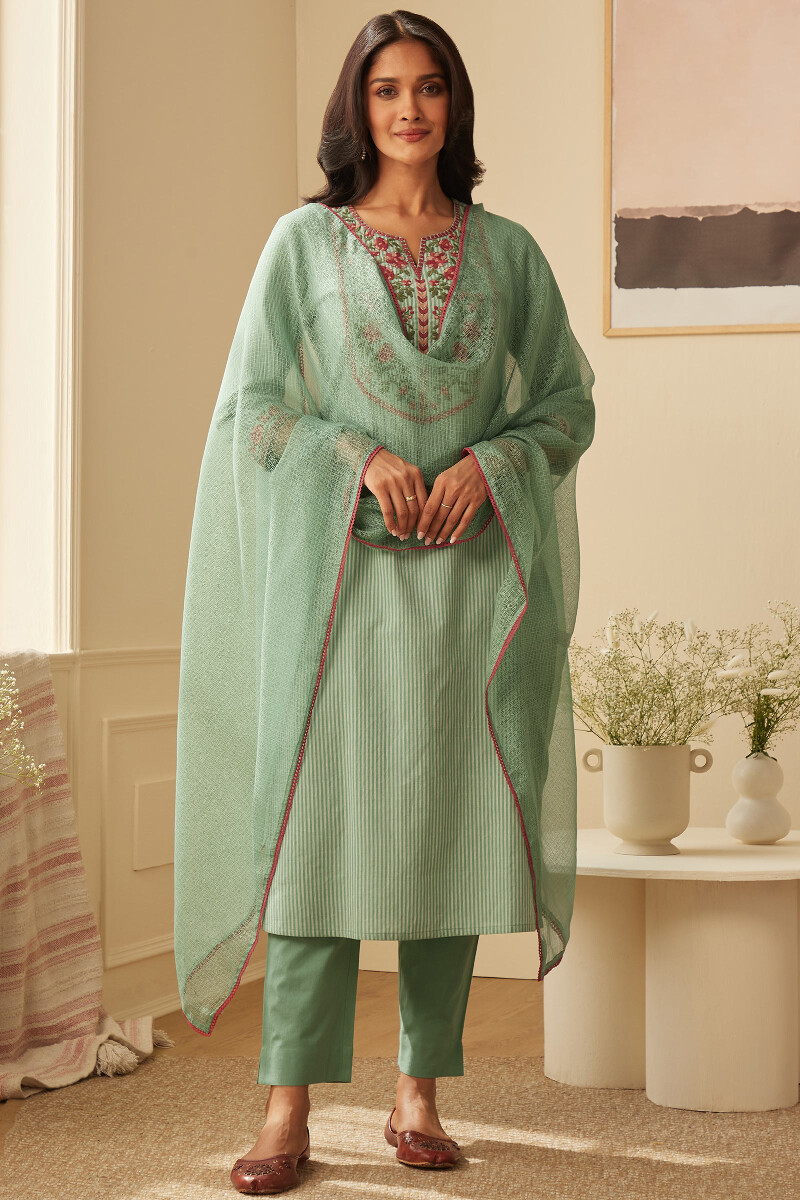 Green Handcrafted Straight Cotton Kurta