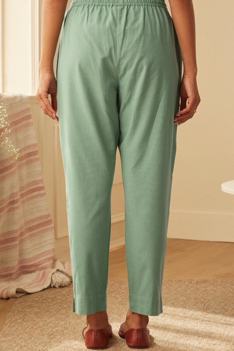 Green Handcrafted Cotton Narrow Pants