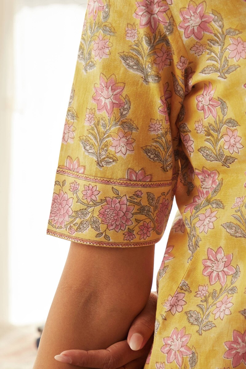 Yellow Hand Block-Printed Straight Cotton Kurta