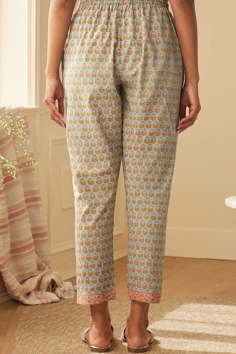 Blue Hand Printed Viscose Narrow Pants