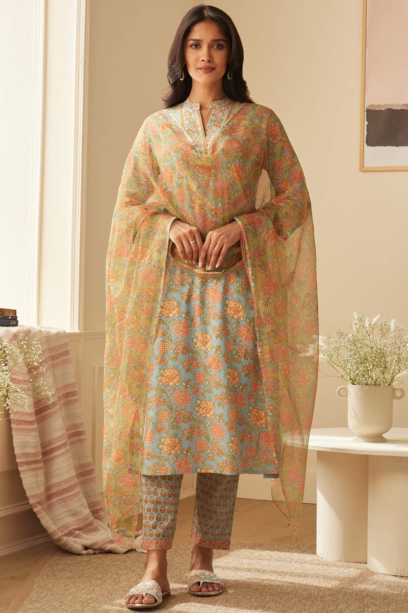 Blue Hand Printed Straight Viscose Kurta