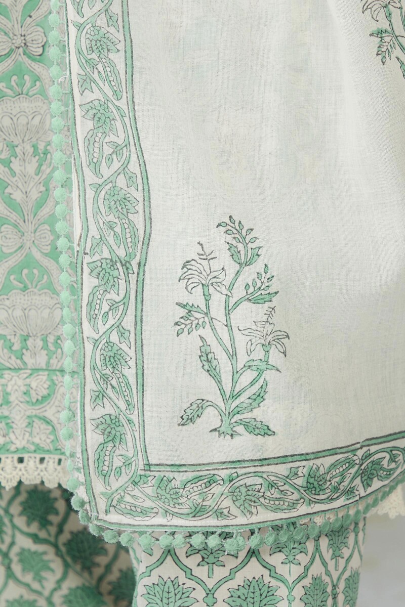 White Hand Block-Printed Cotton Mul Dupatta