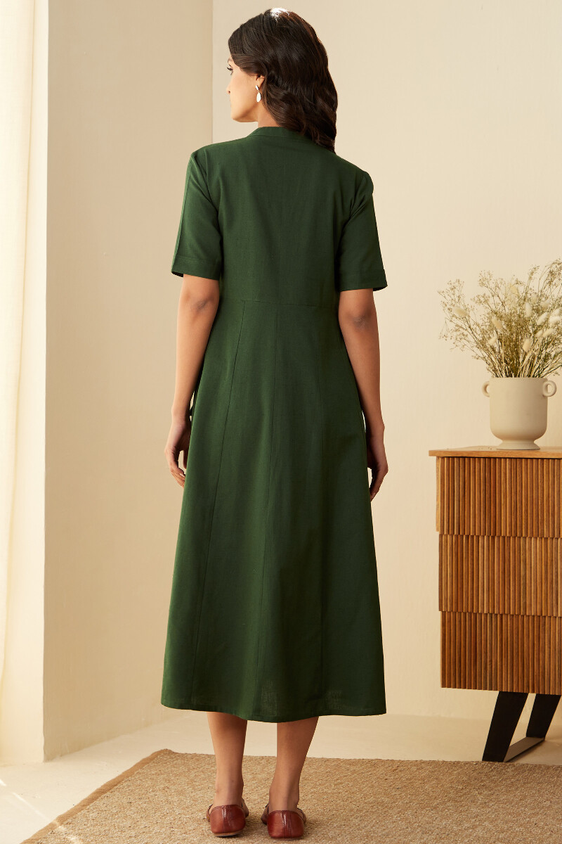 Forest Green Handcrafted Cotton Flax Dress