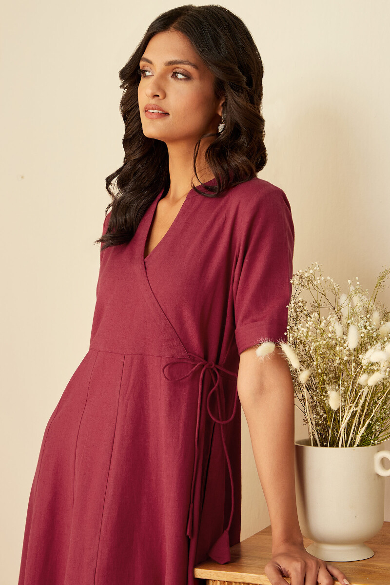 Maroon Handcrafted Cotton Linen Dress
